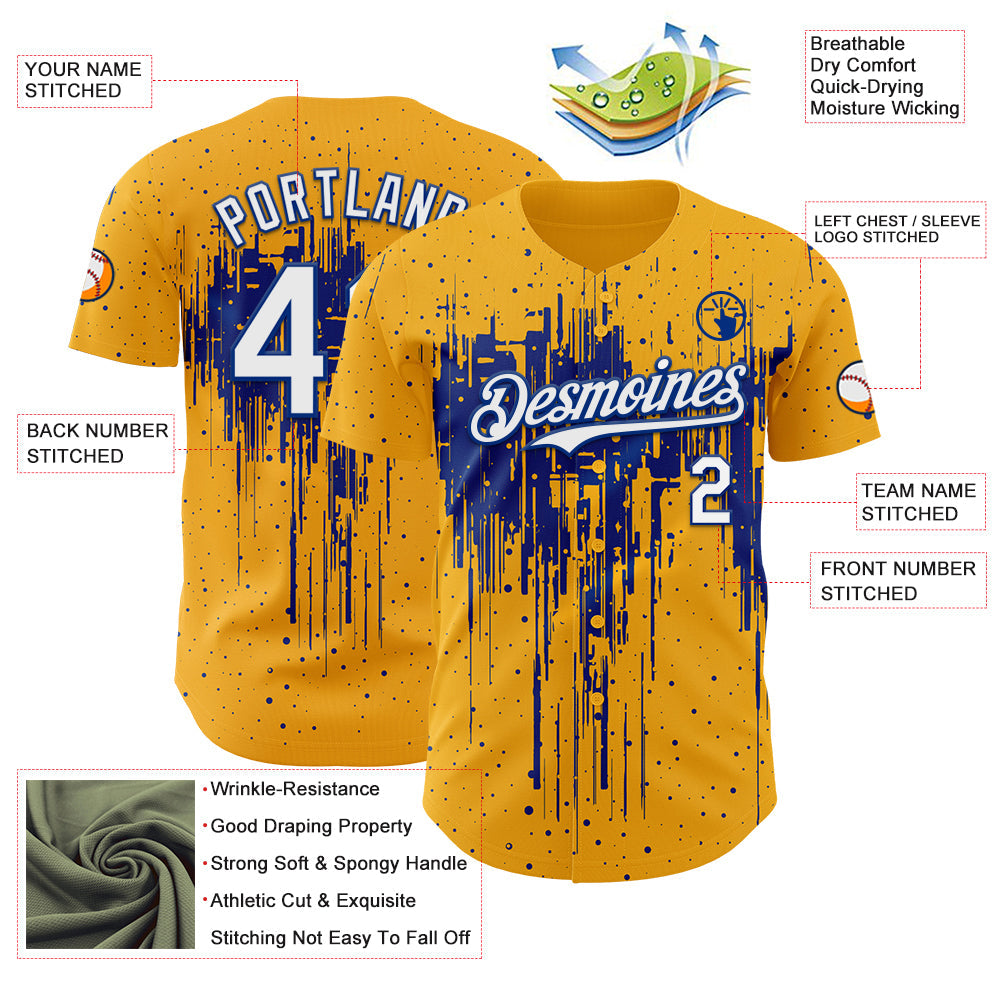Custom Gold White-Royal 3D Pattern Design Dripping Splatter Paint Authentic Baseball Jersey