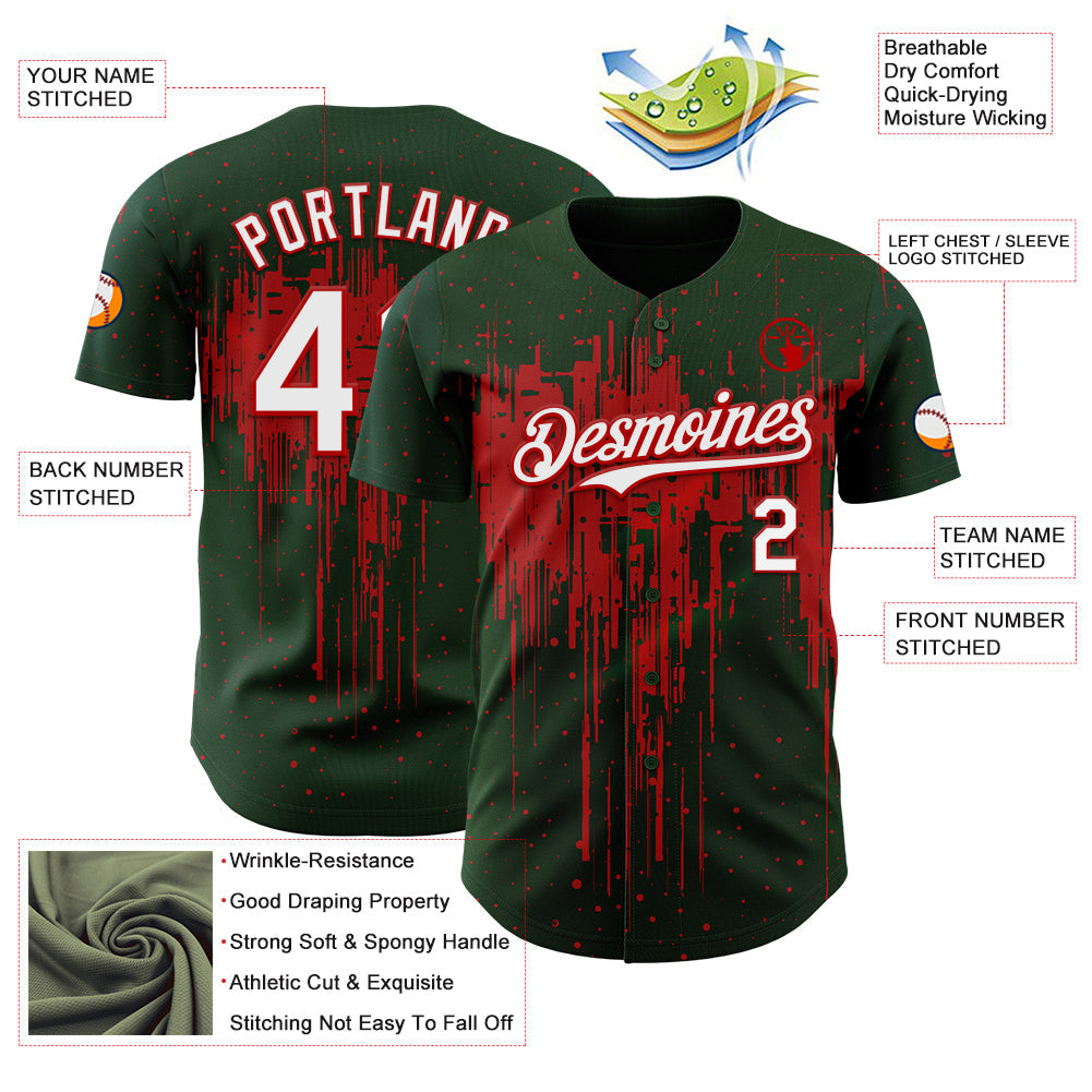 Custom Green White-Red 3D Pattern Design Dripping Splatter Paint Authentic Baseball Jersey