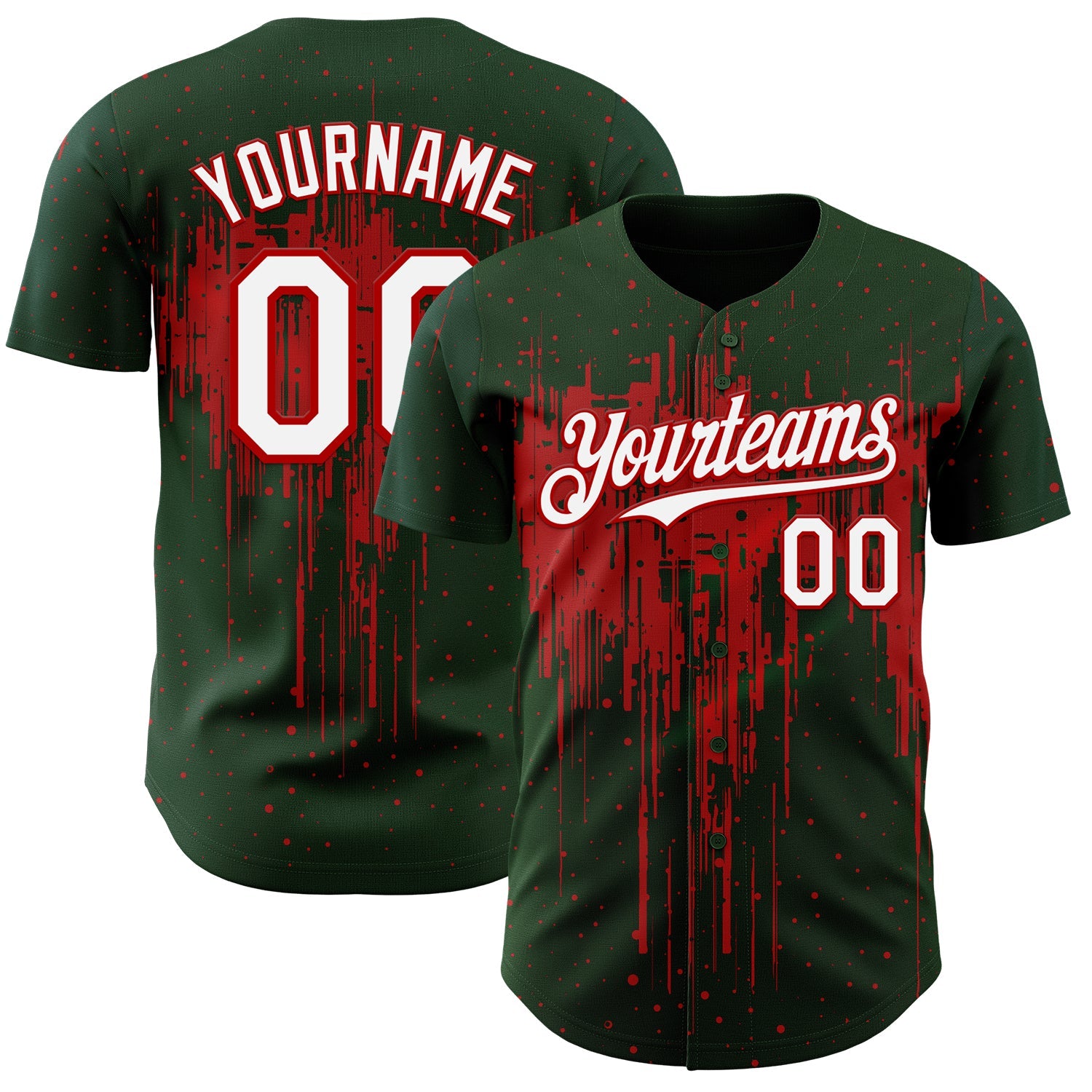 Custom Green White-Red 3D Pattern Design Dripping Splatter Paint Authentic Baseball Jersey