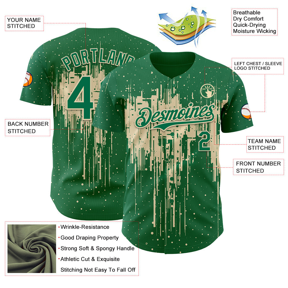 Custom Kelly Green Cream 3D Pattern Design Dripping Splatter Paint Authentic Baseball Jersey