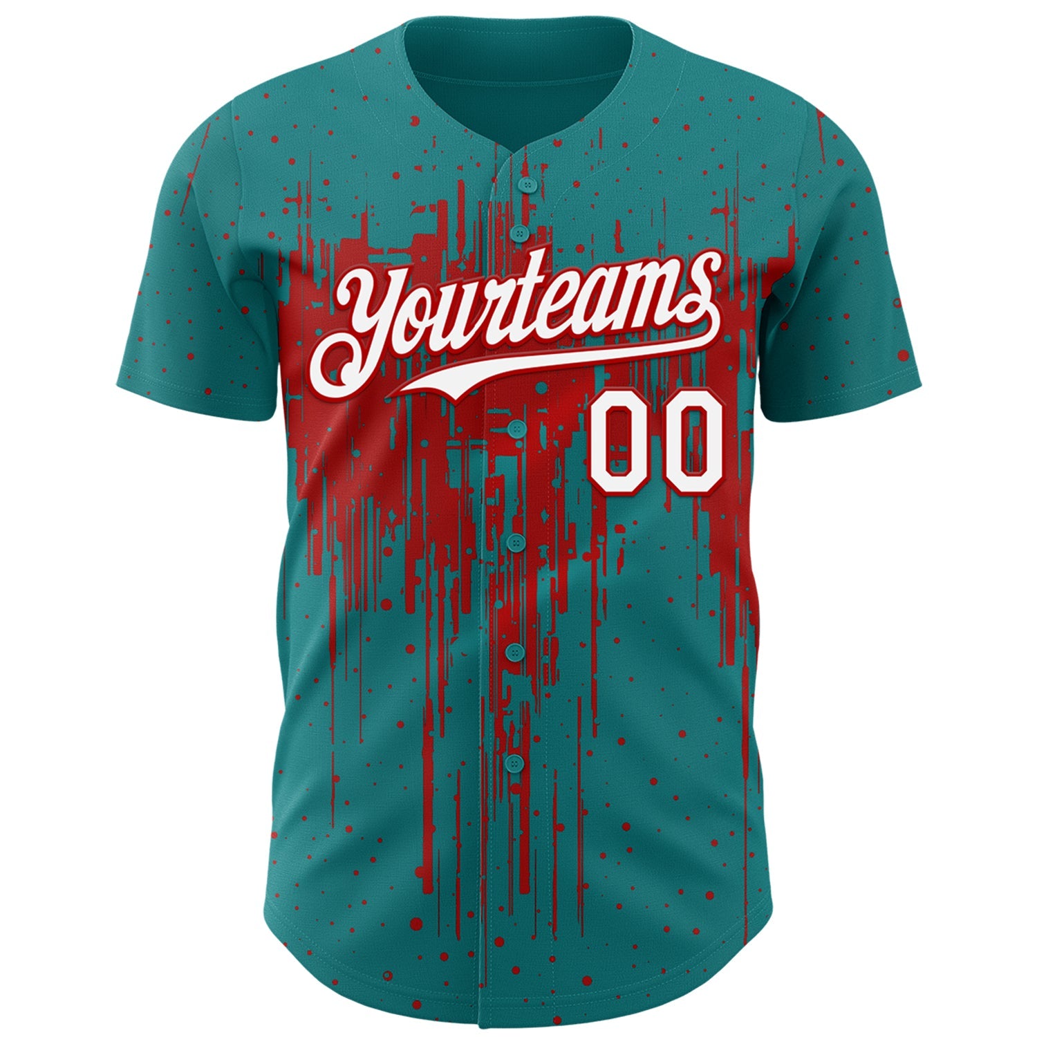 Custom Teal White-Red 3D Pattern Design Dripping Splatter Paint Authentic Baseball Jersey