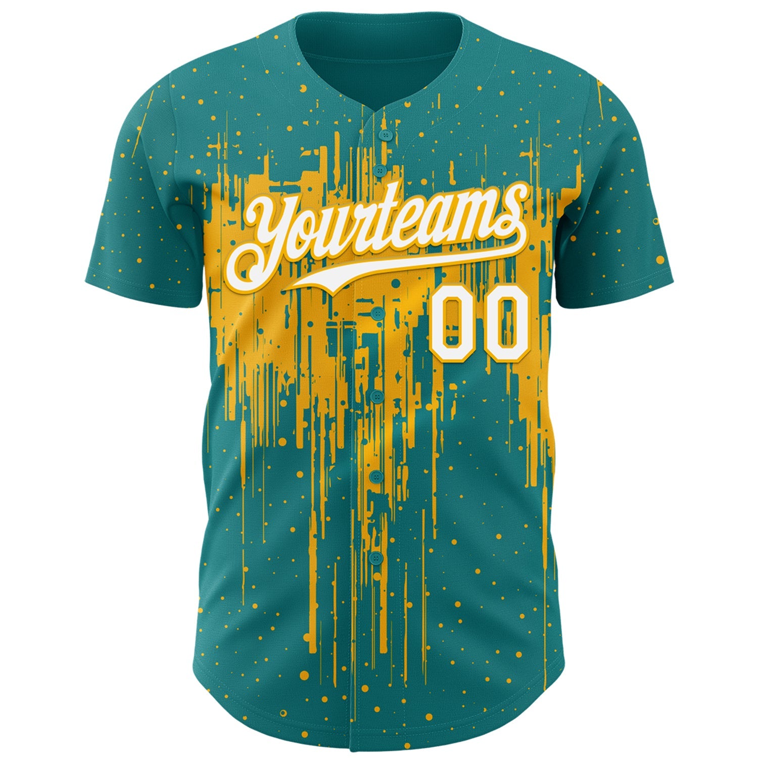 Custom Teal White-Gold 3D Pattern Design Dripping Splatter Paint Authentic Baseball Jersey