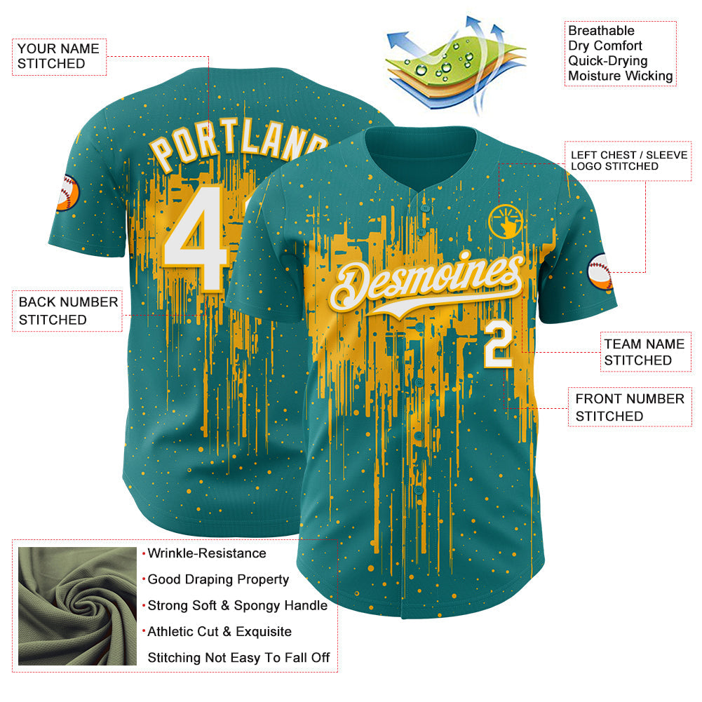 Custom Teal White-Gold 3D Pattern Design Dripping Splatter Paint Authentic Baseball Jersey