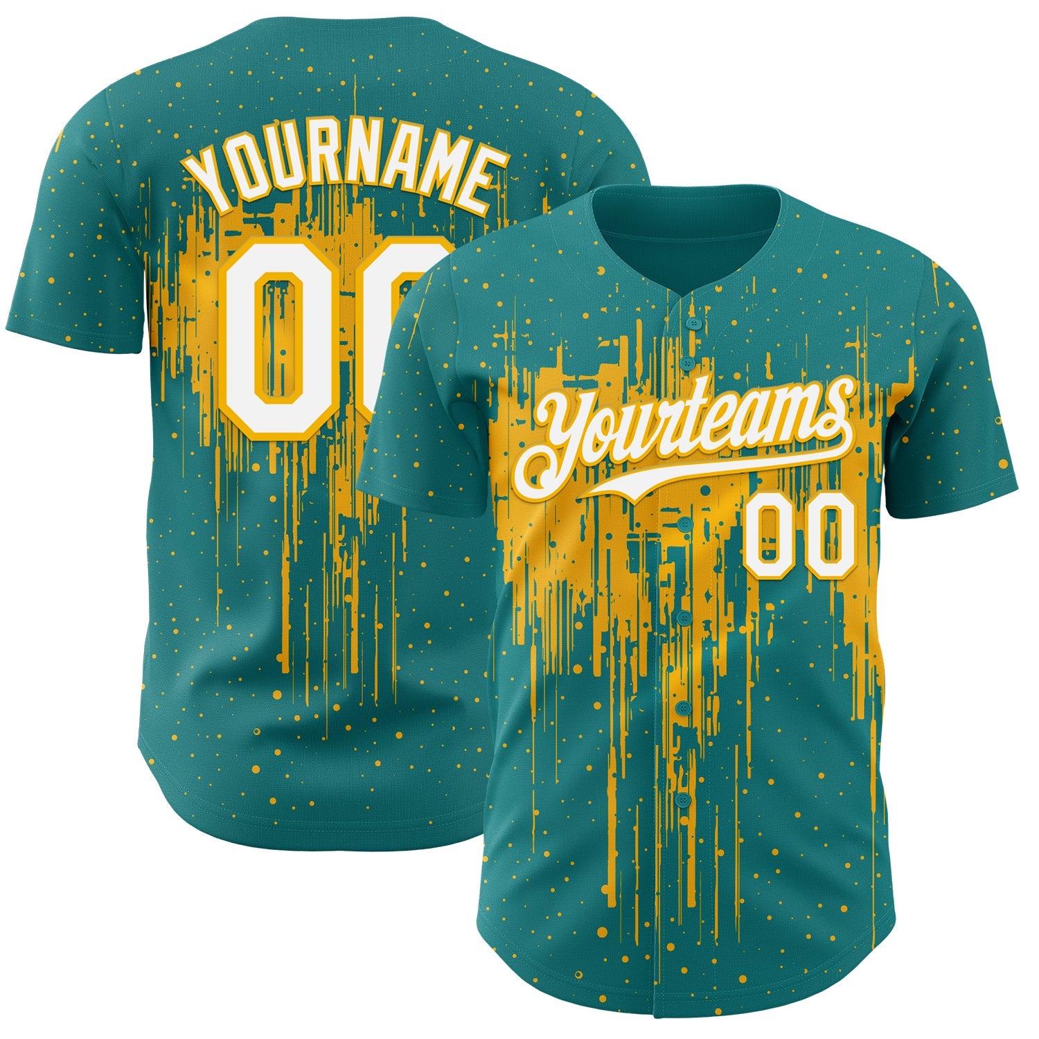 Custom Teal White-Gold 3D Pattern Design Dripping Splatter Paint Authentic Baseball Jersey