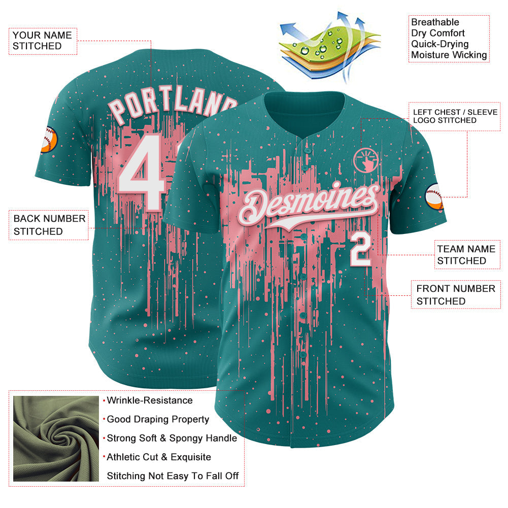 Custom Teal White-Medium Pink 3D Pattern Design Dripping Splatter Paint Authentic Baseball Jersey