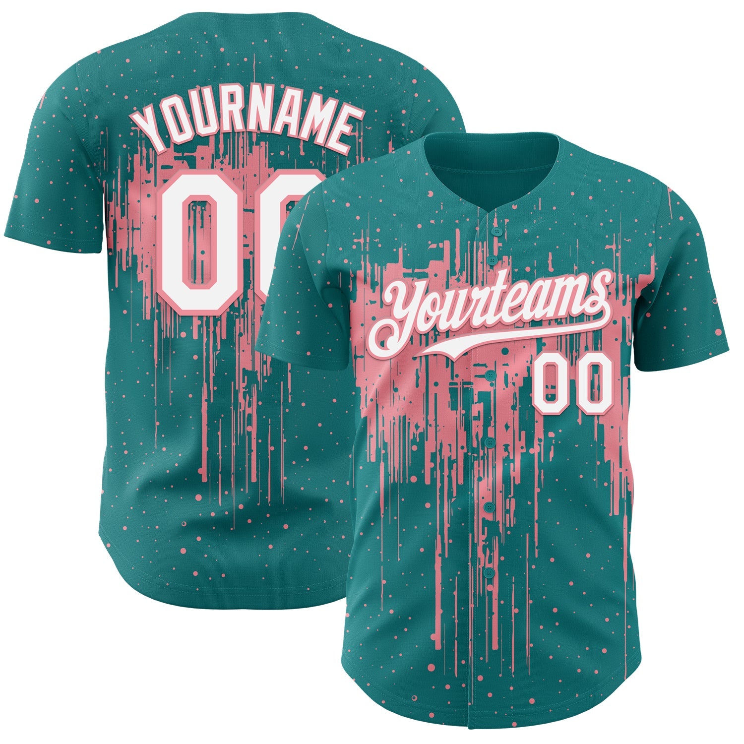 Custom Teal White-Medium Pink 3D Pattern Design Dripping Splatter Paint Authentic Baseball Jersey
