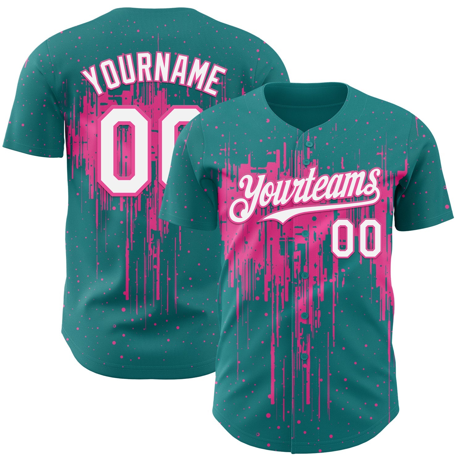 Custom Teal White-Pink 3D Pattern Design Dripping Splatter Paint Authentic Baseball Jersey