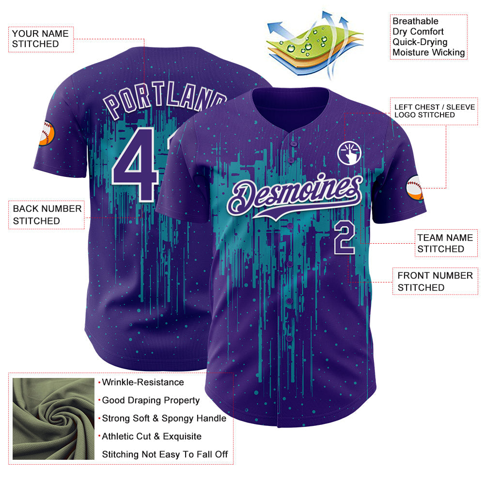 Custom Purple White-Teal 3D Pattern Design Dripping Splatter Paint Authentic Baseball Jersey