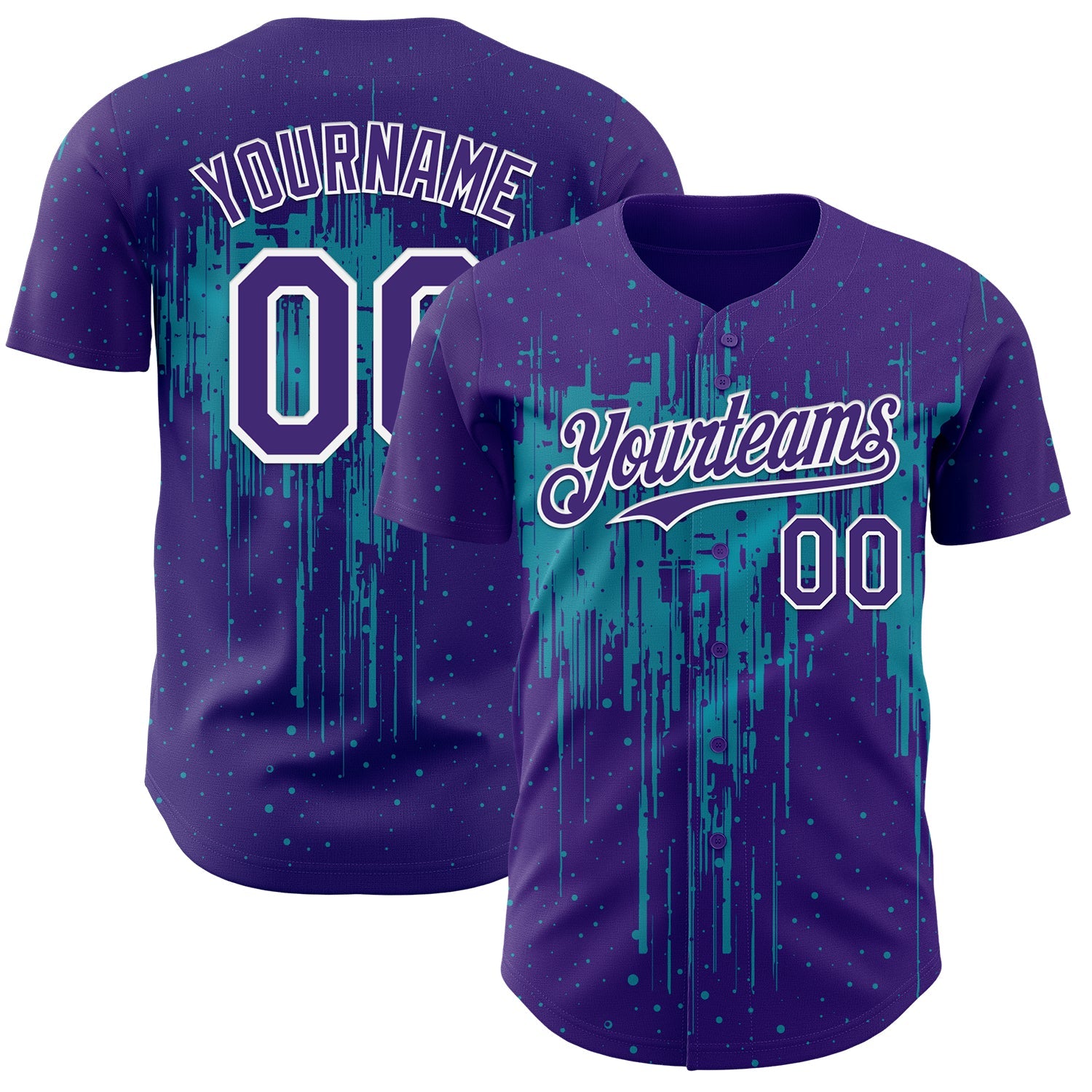 Custom Purple White-Teal 3D Pattern Design Dripping Splatter Paint Authentic Baseball Jersey