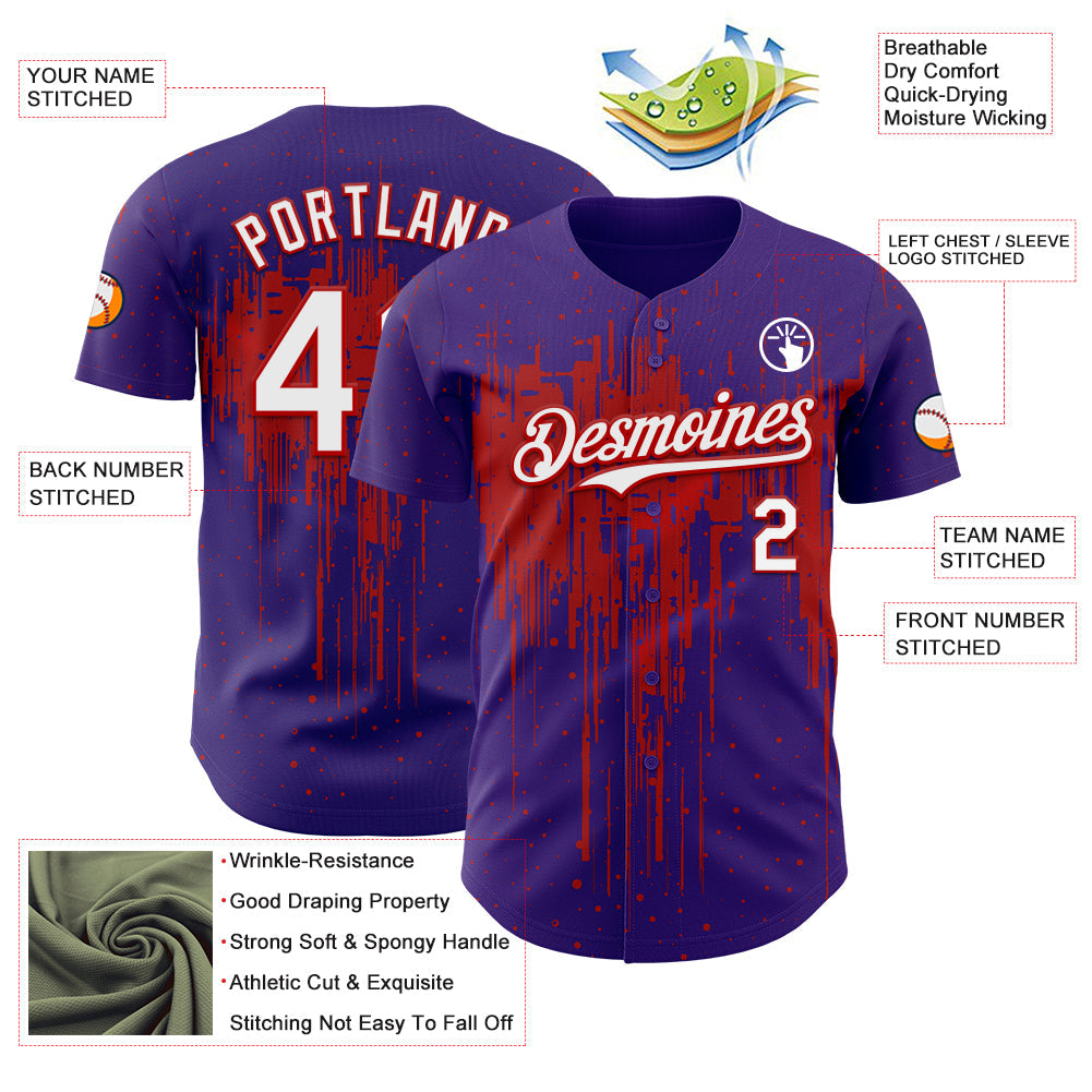 Custom Purple White-Red 3D Pattern Design Dripping Splatter Paint Authentic Baseball Jersey