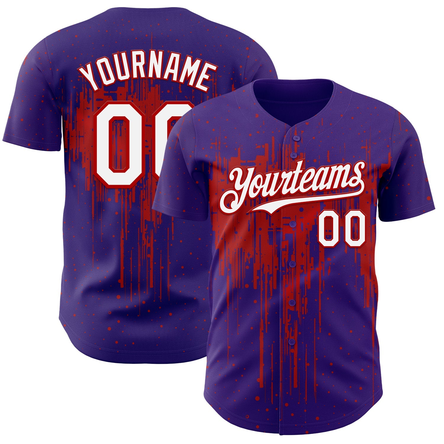 Custom Purple White-Red 3D Pattern Design Dripping Splatter Paint Authentic Baseball Jersey