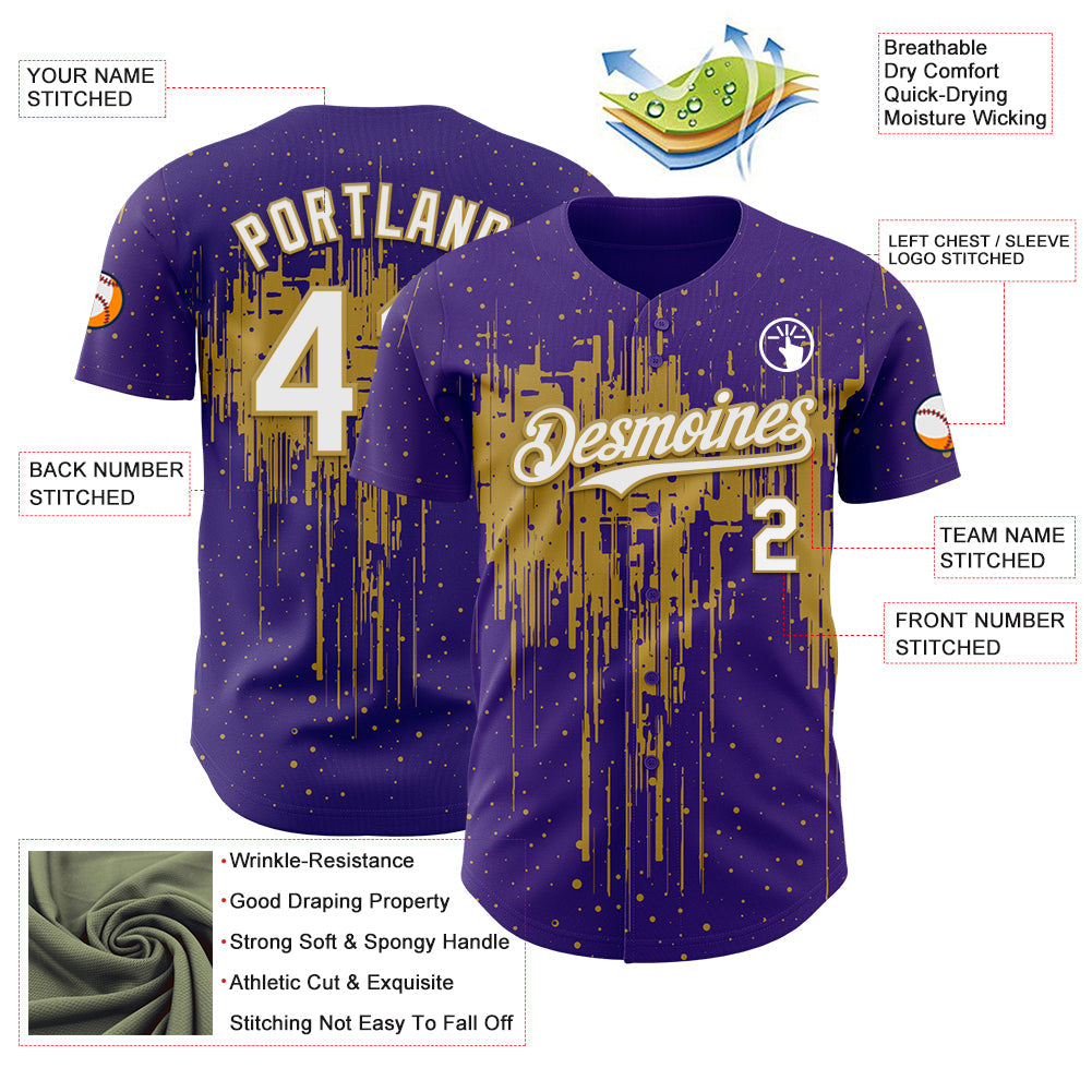 Custom Purple White-Old Gold 3D Pattern Design Dripping Splatter Paint Authentic Baseball Jersey