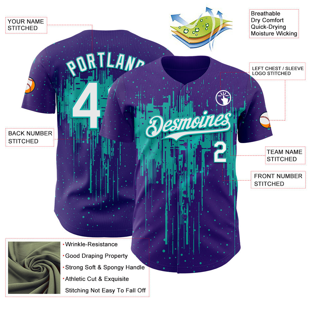 Custom Purple White-Aqua 3D Pattern Design Dripping Splatter Paint Authentic Baseball Jersey