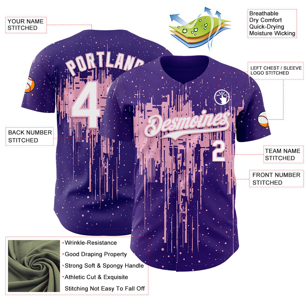Custom Purple White-Light Pink 3D Pattern Design Dripping Splatter Paint Authentic Baseball Jersey