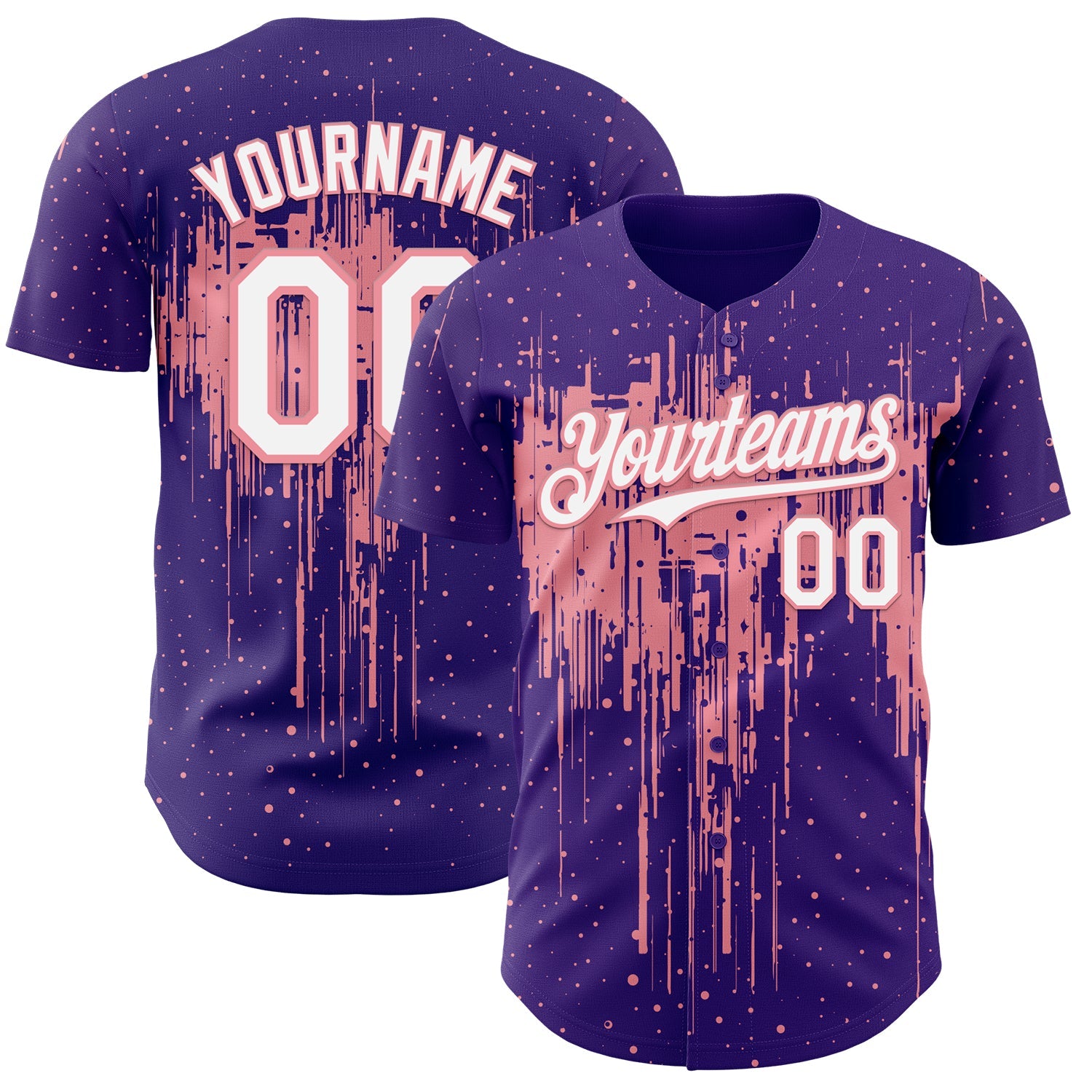 Custom Purple White-Medium Pink 3D Pattern Design Dripping Splatter Paint Authentic Baseball Jersey