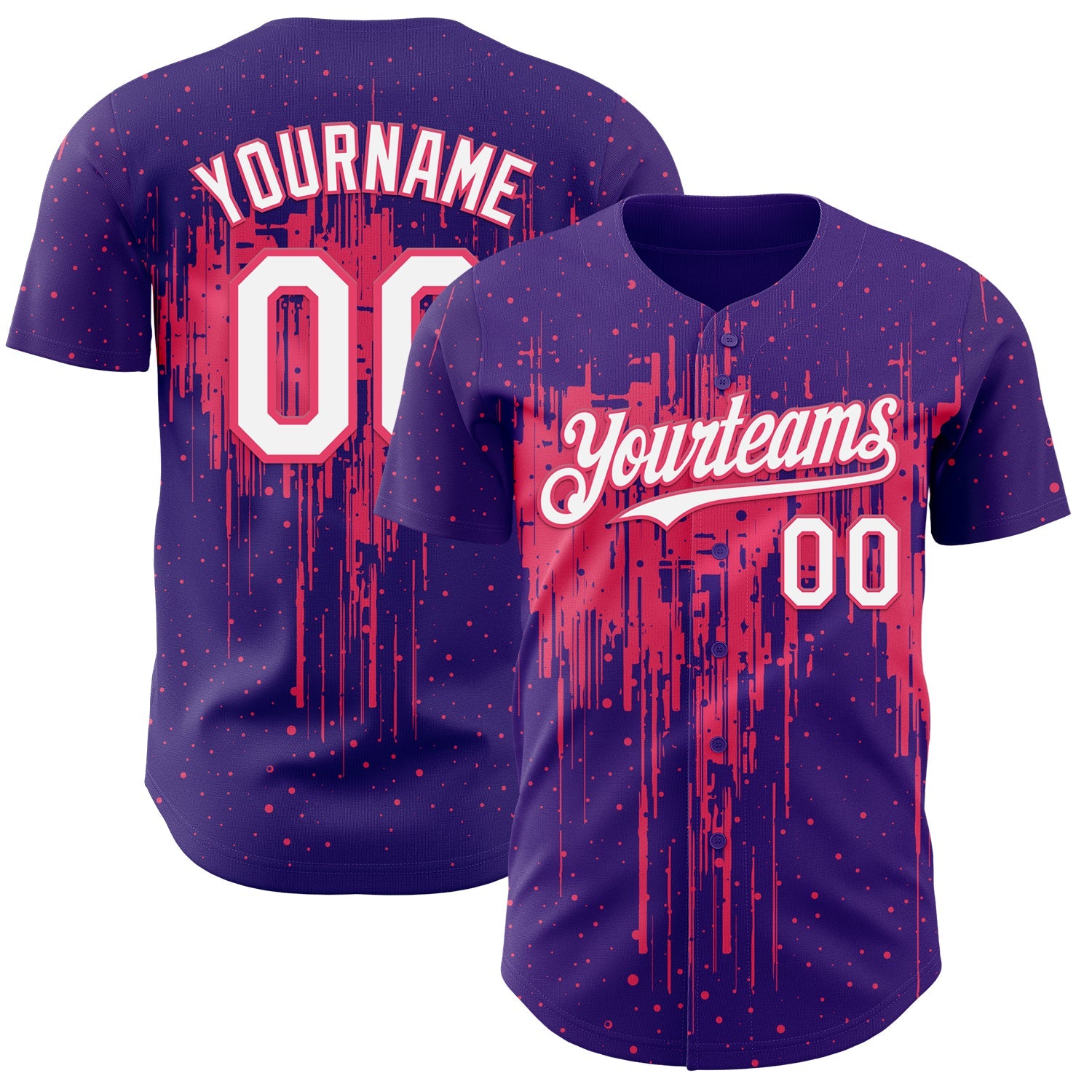 Custom Purple White-Neon Pink 3D Pattern Design Dripping Splatter Paint Authentic Baseball Jersey