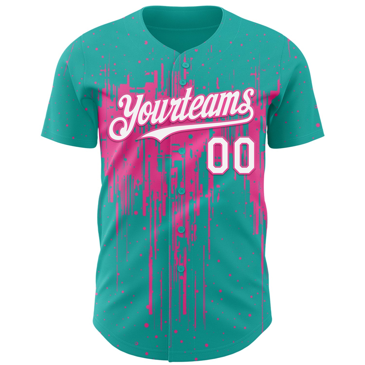 Custom Aqua White-Pink 3D Pattern Design Dripping Splatter Paint Authentic Baseball Jersey