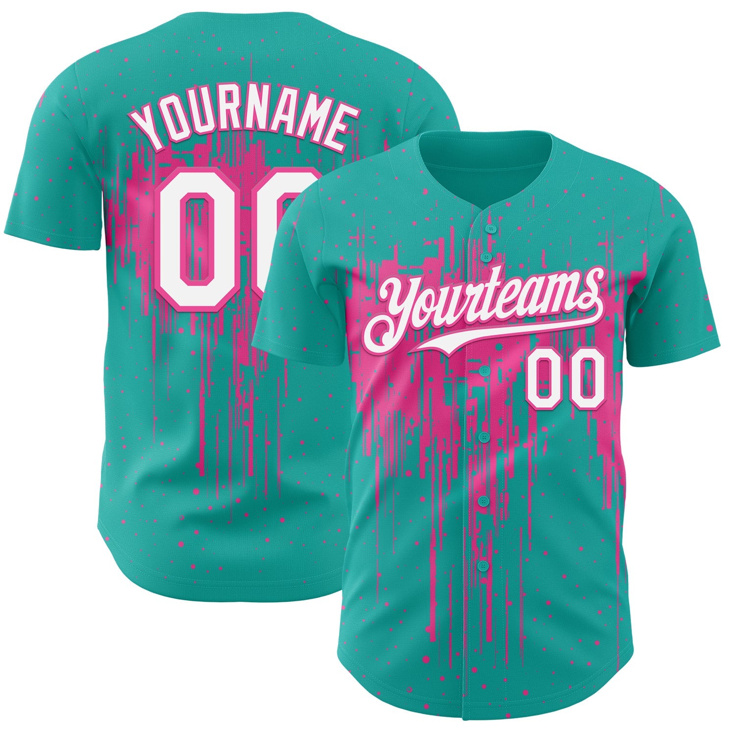 Custom Aqua White-Pink 3D Pattern Design Dripping Splatter Paint Authentic Baseball Jersey