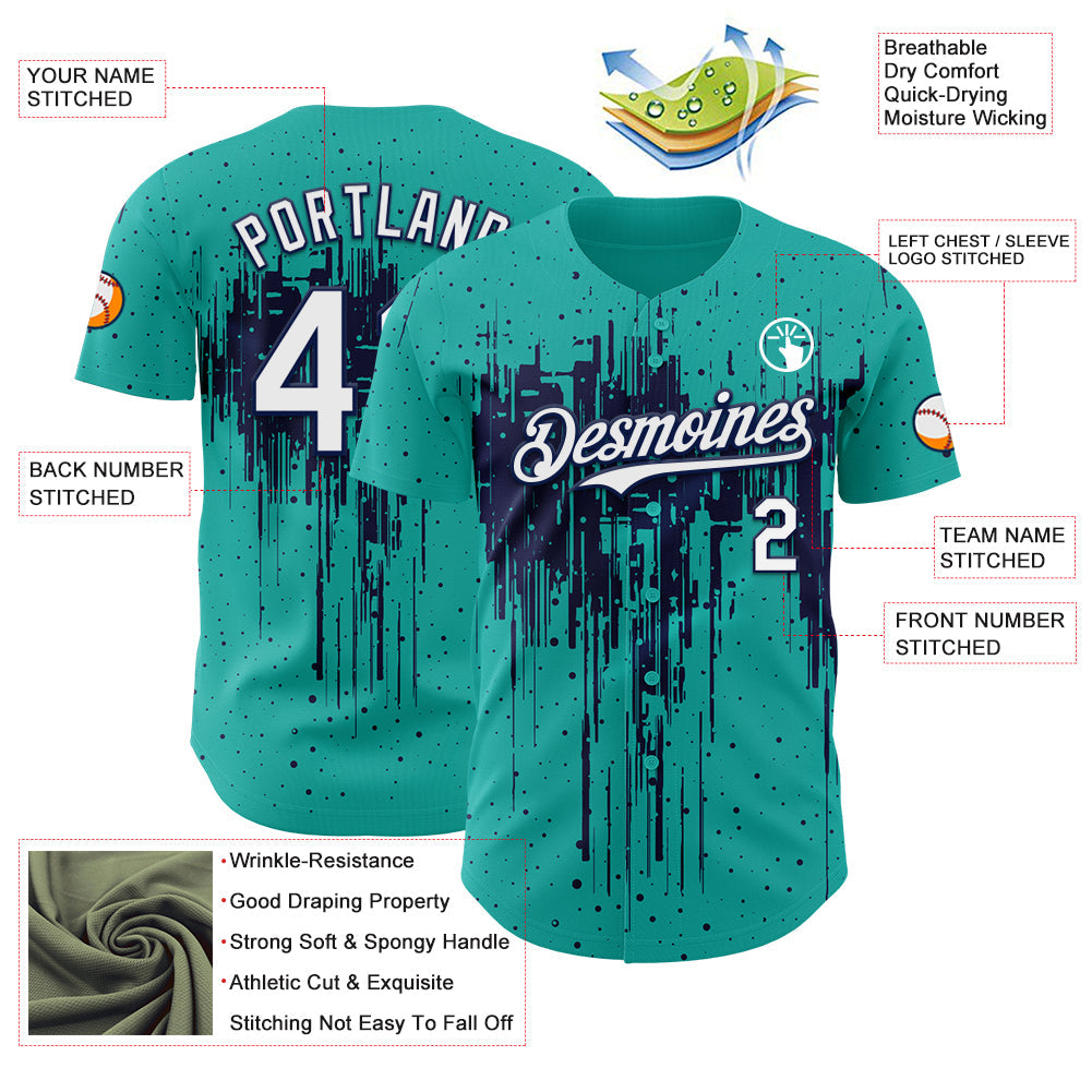 Custom Aqua White-Navy 3D Pattern Design Dripping Splatter Paint Authentic Baseball Jersey