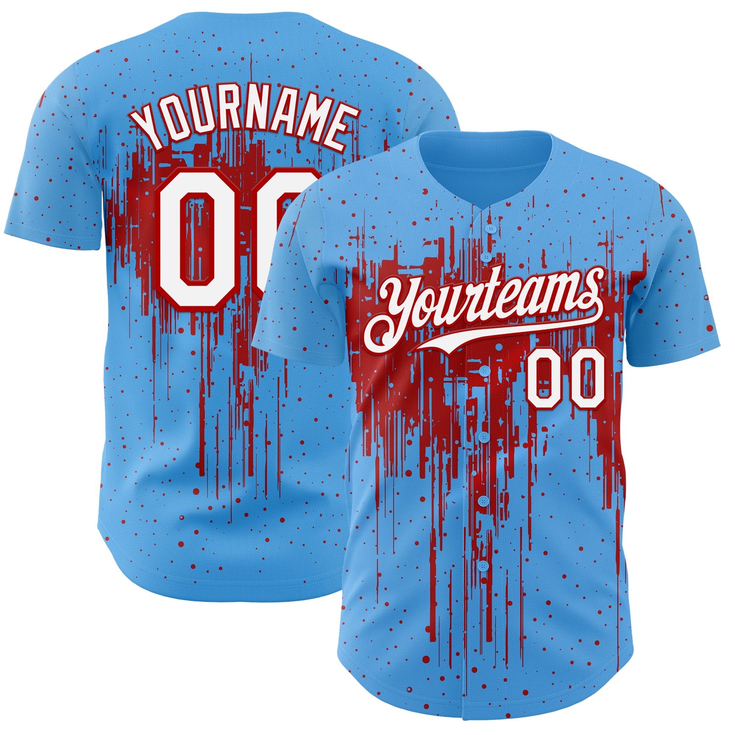 Custom Sky Blue White-Red 3D Pattern Design Dripping Splatter Paint Authentic Baseball Jersey