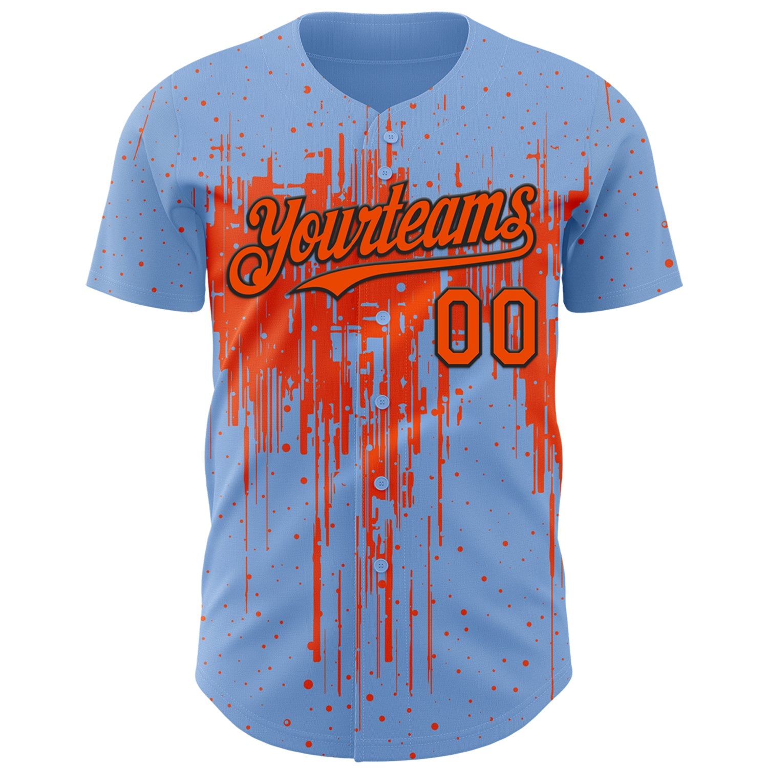 Custom Light Blue Orange-Black 3D Pattern Design Dripping Splatter Paint Authentic Baseball Jersey