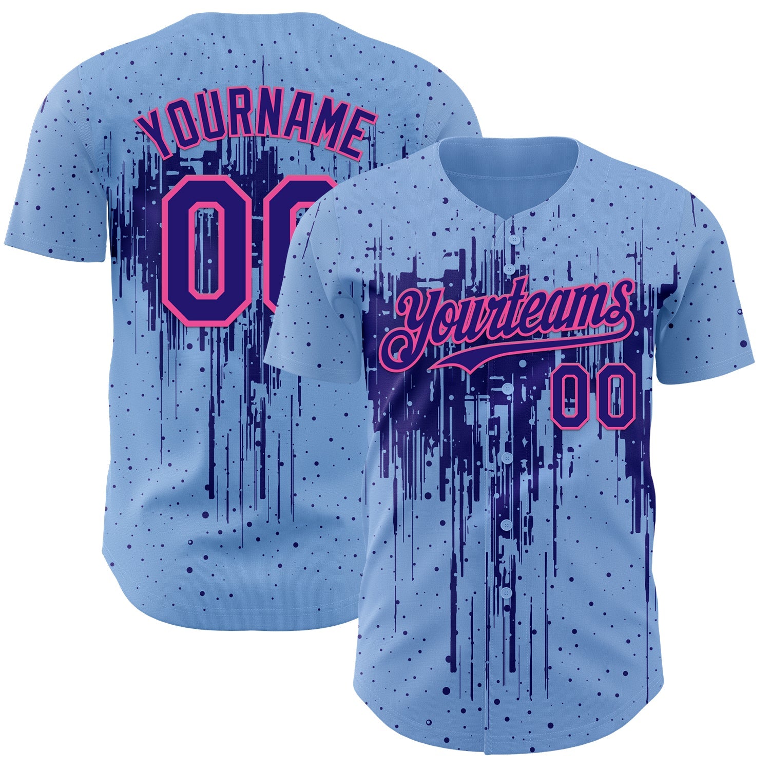 Custom Light Blue Dark Purple-Pink 3D Pattern Design Dripping Splatter Paint Authentic Baseball Jersey