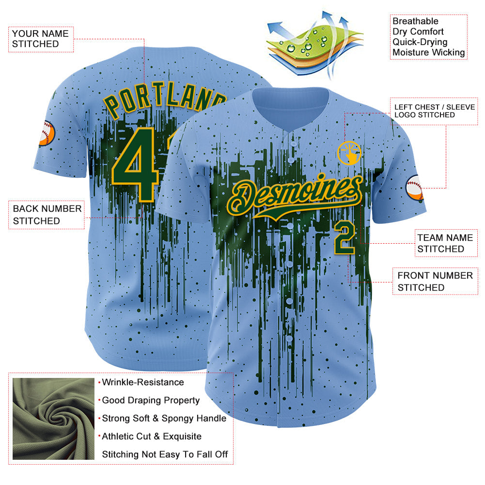 Custom Light Blue Green-Gold 3D Pattern Design Dripping Splatter Paint Authentic Baseball Jersey