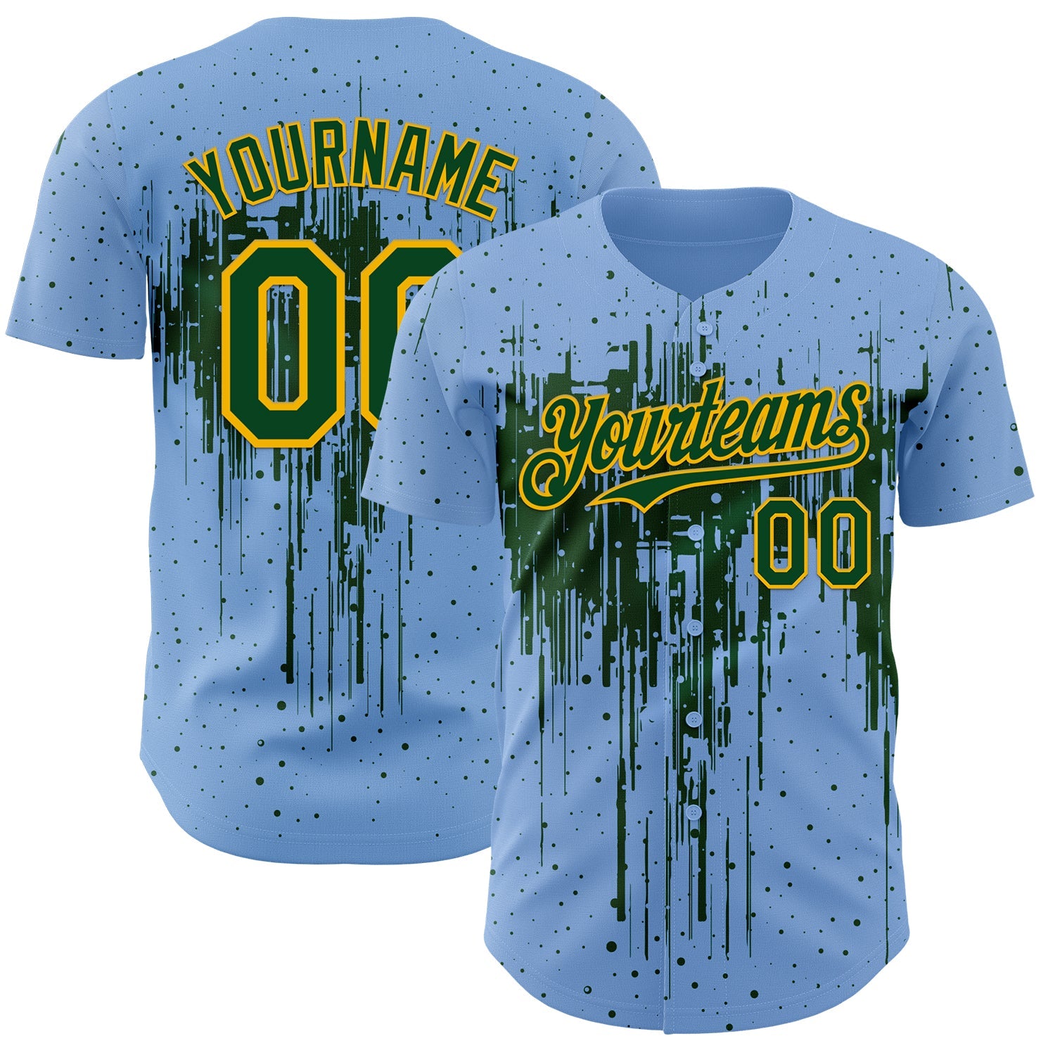 Custom Light Blue Green-Gold 3D Pattern Design Dripping Splatter Paint Authentic Baseball Jersey
