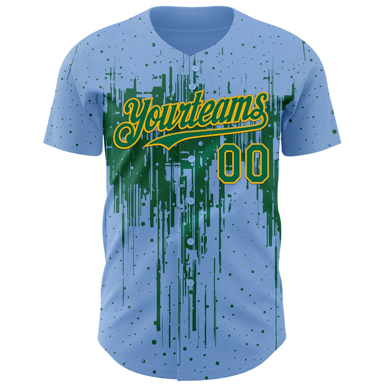 Custom Light Blue Kelly Green-Gold 3D Pattern Design Dripping Splatter Paint Authentic Baseball Jersey