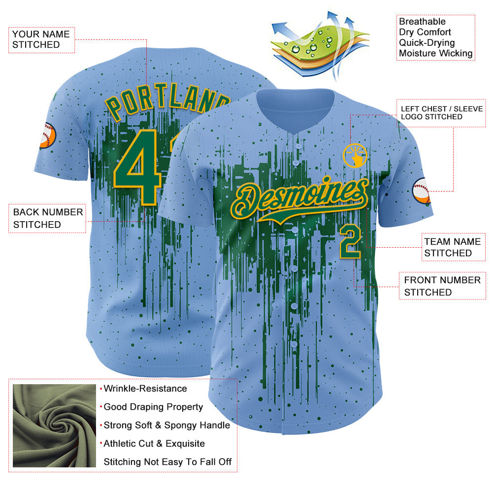 Custom Light Blue Kelly Green-Gold 3D Pattern Design Dripping Splatter Paint Authentic Baseball Jersey