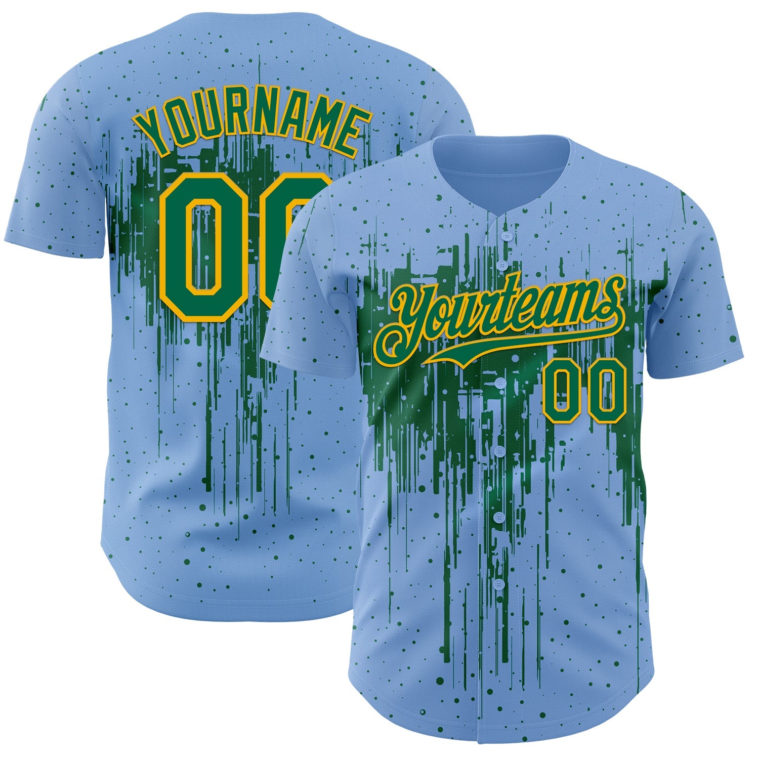 Custom Light Blue Kelly Green-Gold 3D Pattern Design Dripping Splatter Paint Authentic Baseball Jersey