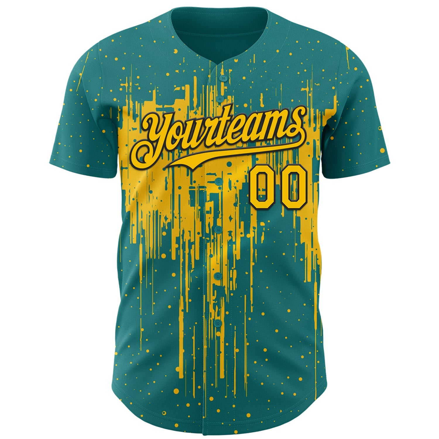 Custom Teal Yellow-Black 3D Pattern Design Dripping Splatter Paint Authentic Baseball Jersey