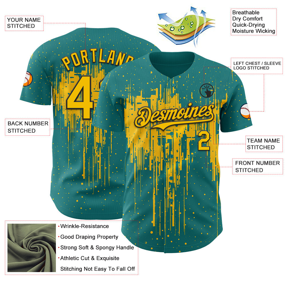 Custom Teal Yellow-Black 3D Pattern Design Dripping Splatter Paint Authentic Baseball Jersey