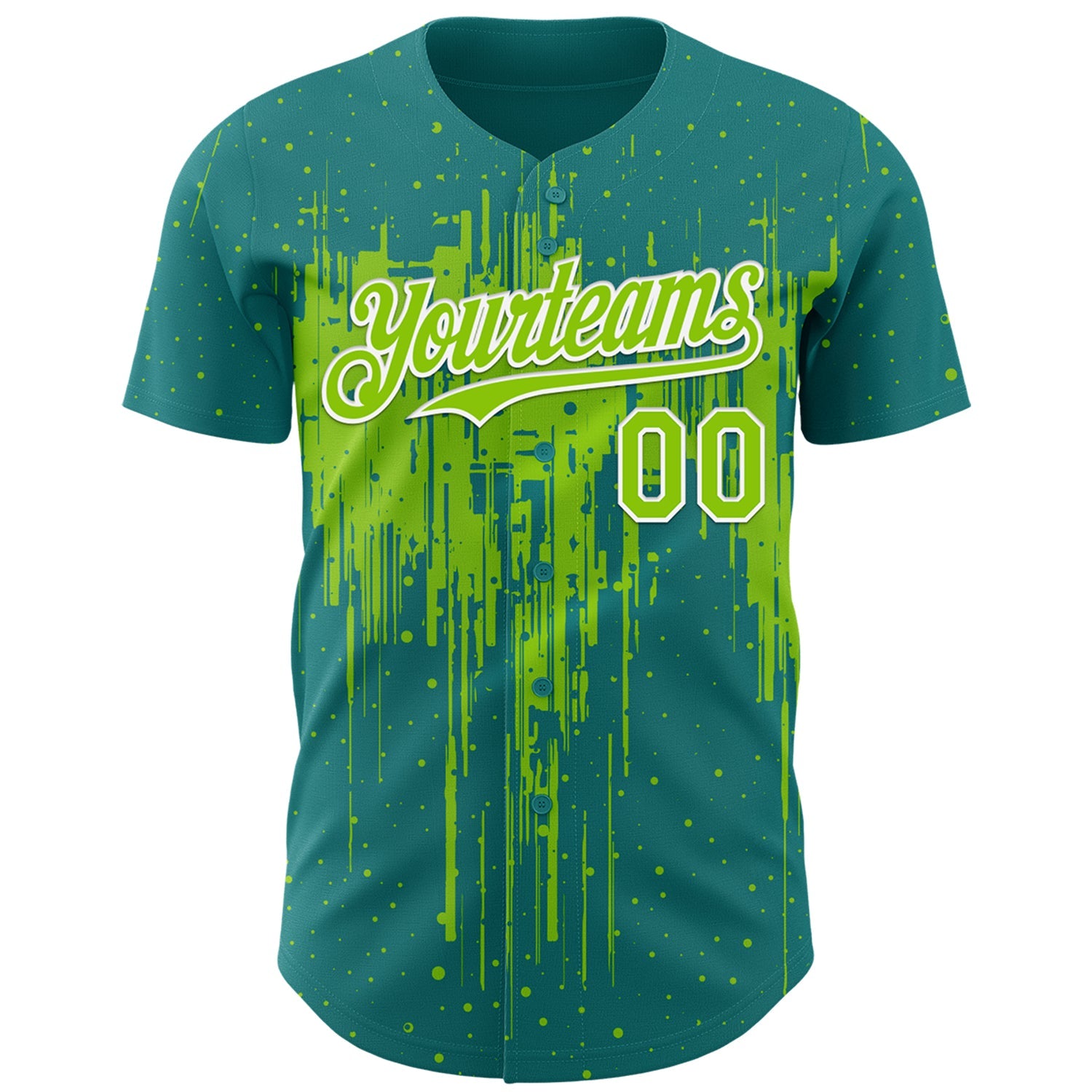 Custom Teal Neon Green-White 3D Pattern Design Dripping Splatter Paint Authentic Baseball Jersey