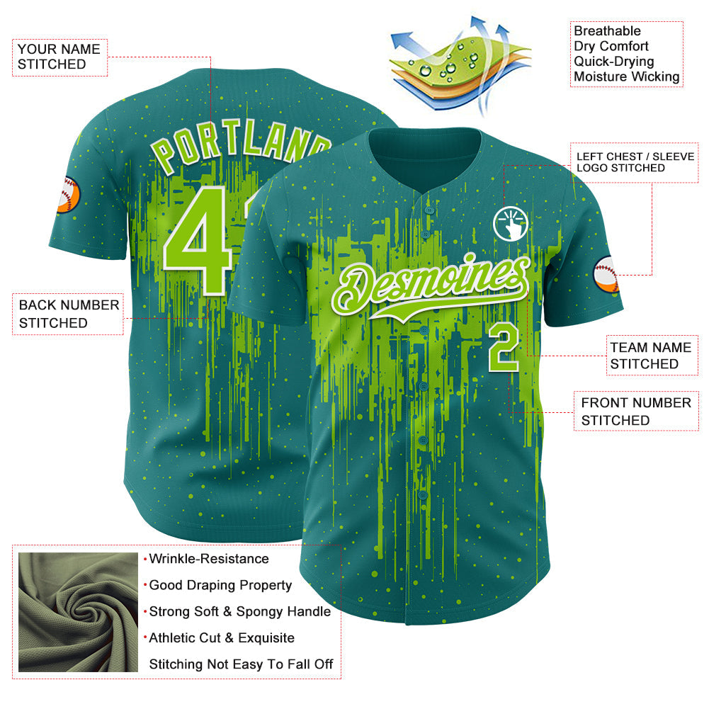 Custom Teal Neon Green-White 3D Pattern Design Dripping Splatter Paint Authentic Baseball Jersey