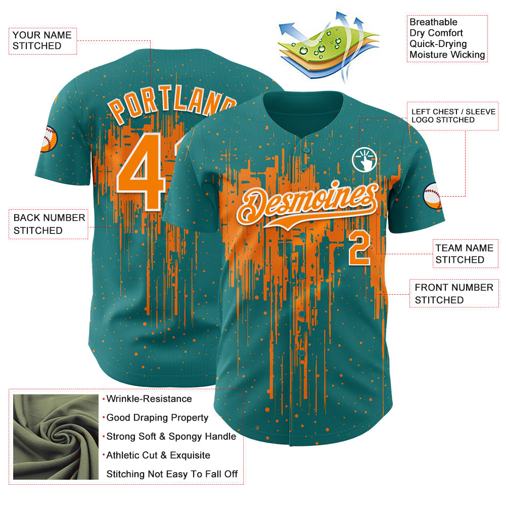 Custom Teal Bay Orange-White 3D Pattern Design Dripping Splatter Paint Authentic Baseball Jersey