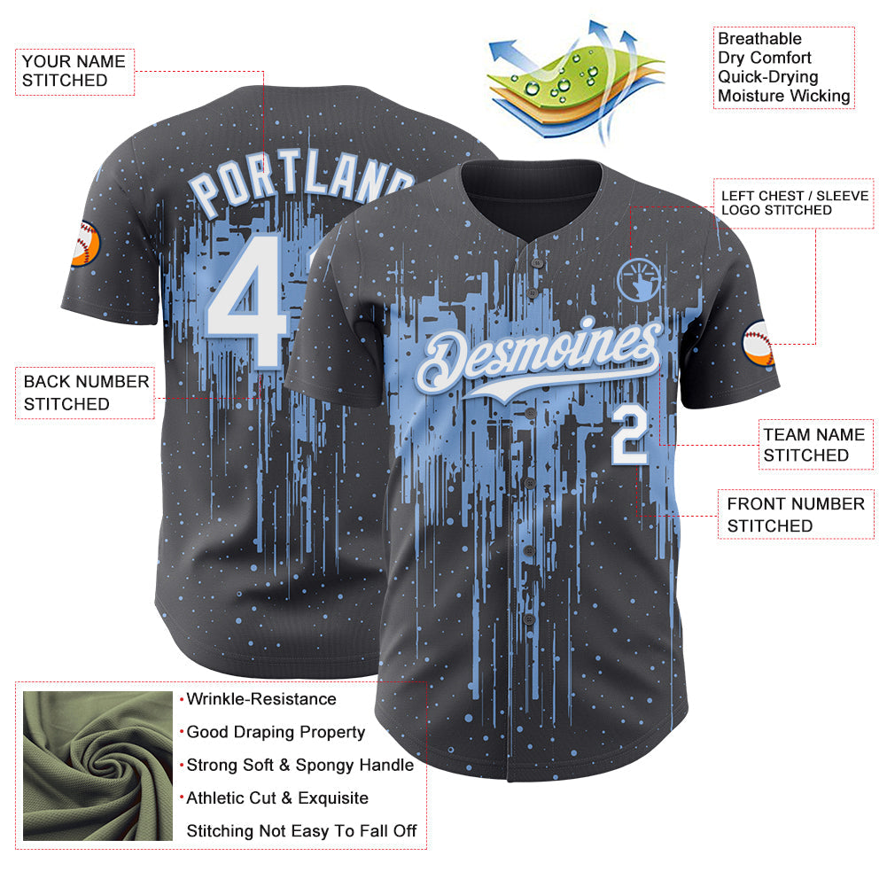 Custom Steel Gray White-Light Blue 3D Pattern Design Dripping Splatter Paint Authentic Baseball Jersey