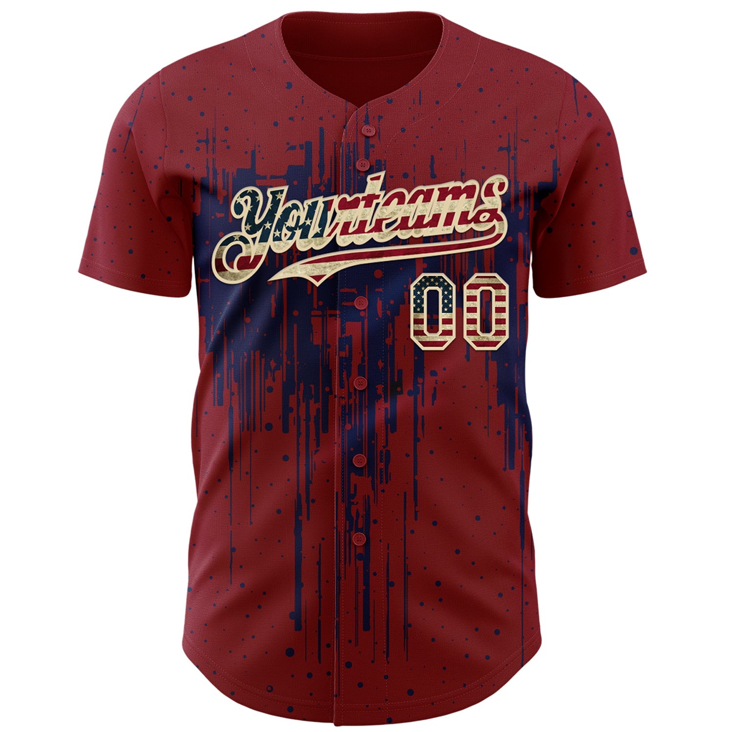 Custom Crimson Vintage USA Flag Cream-Navy 3D Pattern Design Dripping Splatter Paint Authentic Baseball Jersey