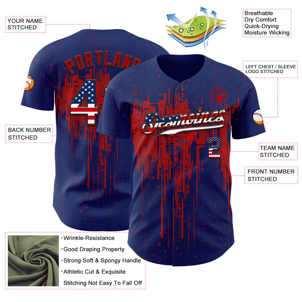 Custom Royal Vintage USA Flag Black-Red 3D Pattern Design Dripping Splatter Paint Authentic Baseball Jersey