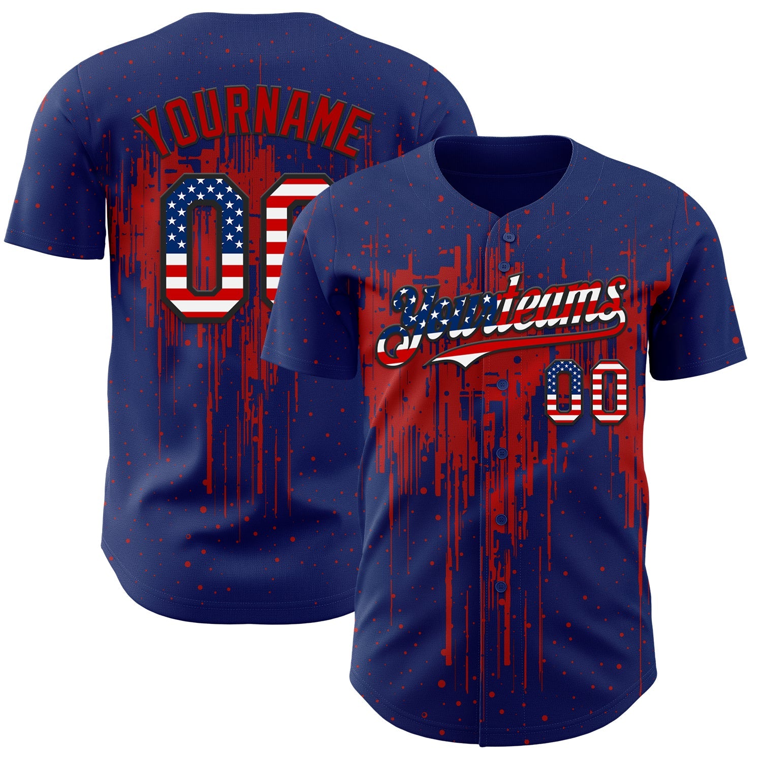 Custom Royal Vintage USA Flag Black-Red 3D Pattern Design Dripping Splatter Paint Authentic Baseball Jersey