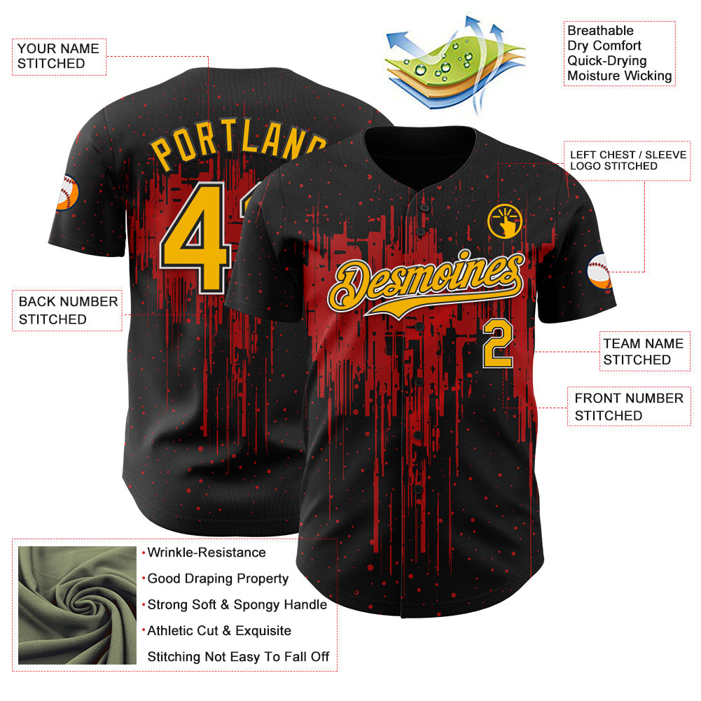 Custom Black Gold Red-White 3D Pattern Design Dripping Splatter Paint Authentic Baseball Jersey