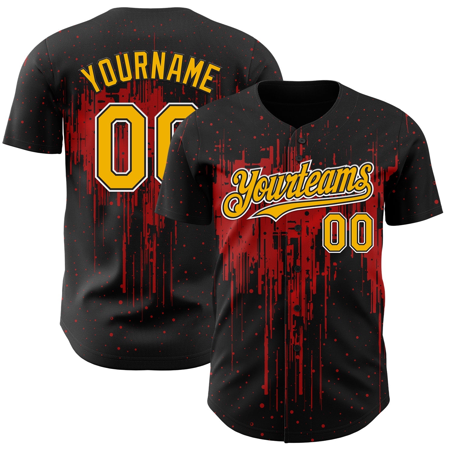 Custom Black Gold Red-White 3D Pattern Design Dripping Splatter Paint Authentic Baseball Jersey