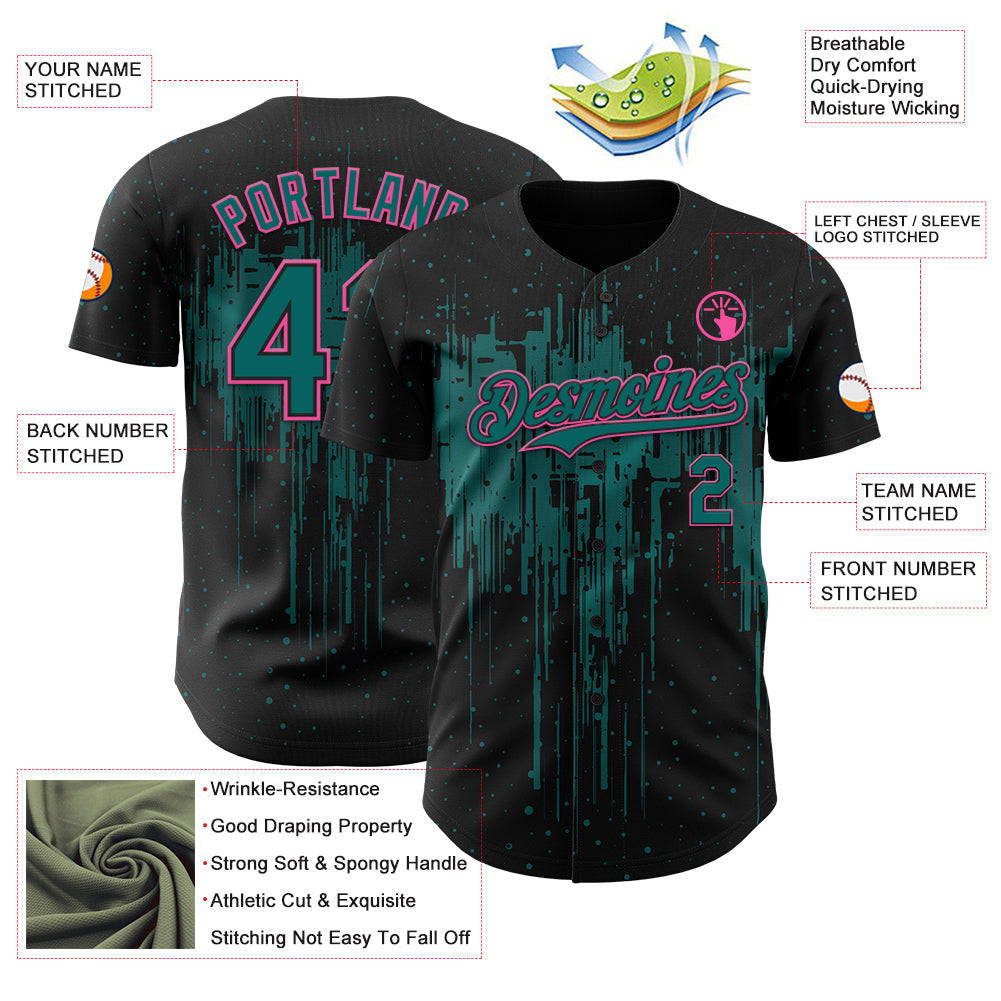 Custom Black Teal-Pink 3D Pattern Design Dripping Splatter Paint Authentic Baseball Jersey