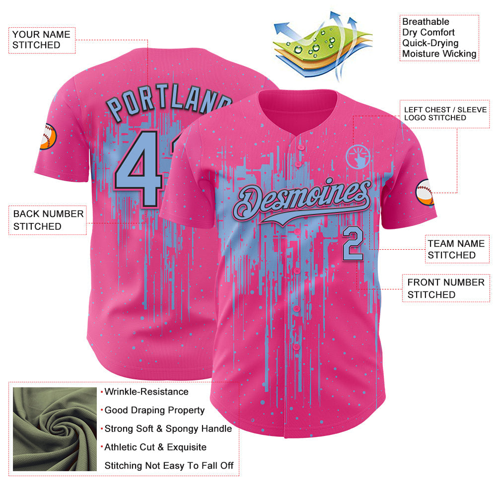 Custom Pink Light Blue-Black 3D Pattern Design Dripping Splatter Paint Authentic Baseball Jersey