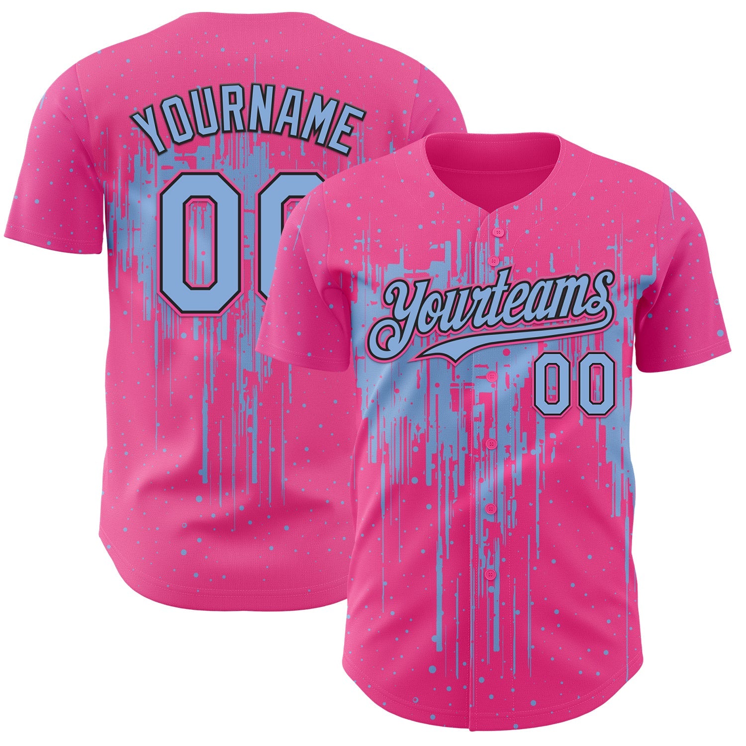 Custom Pink Light Blue-Black 3D Pattern Design Dripping Splatter Paint Authentic Baseball Jersey