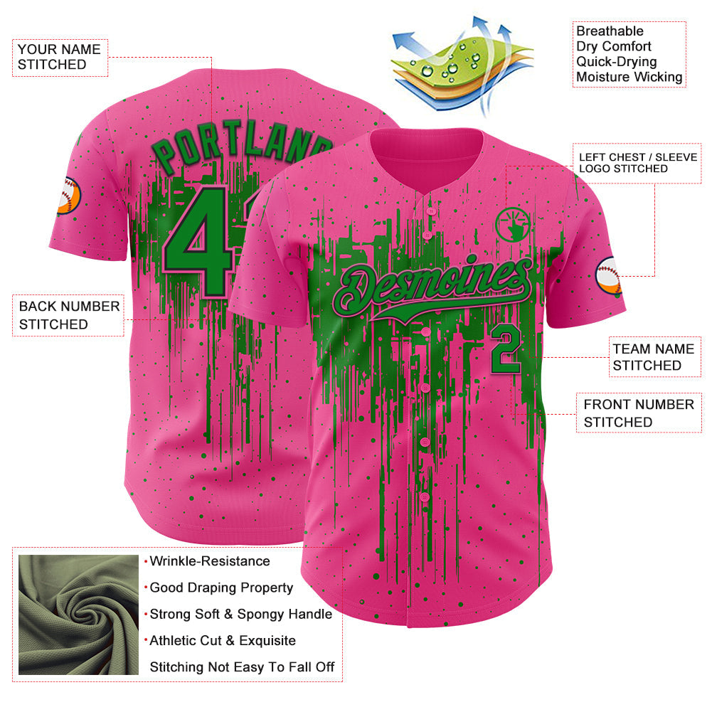 Custom Pink Grass Green-Black 3D Pattern Design Dripping Splatter Paint Authentic Baseball Jersey