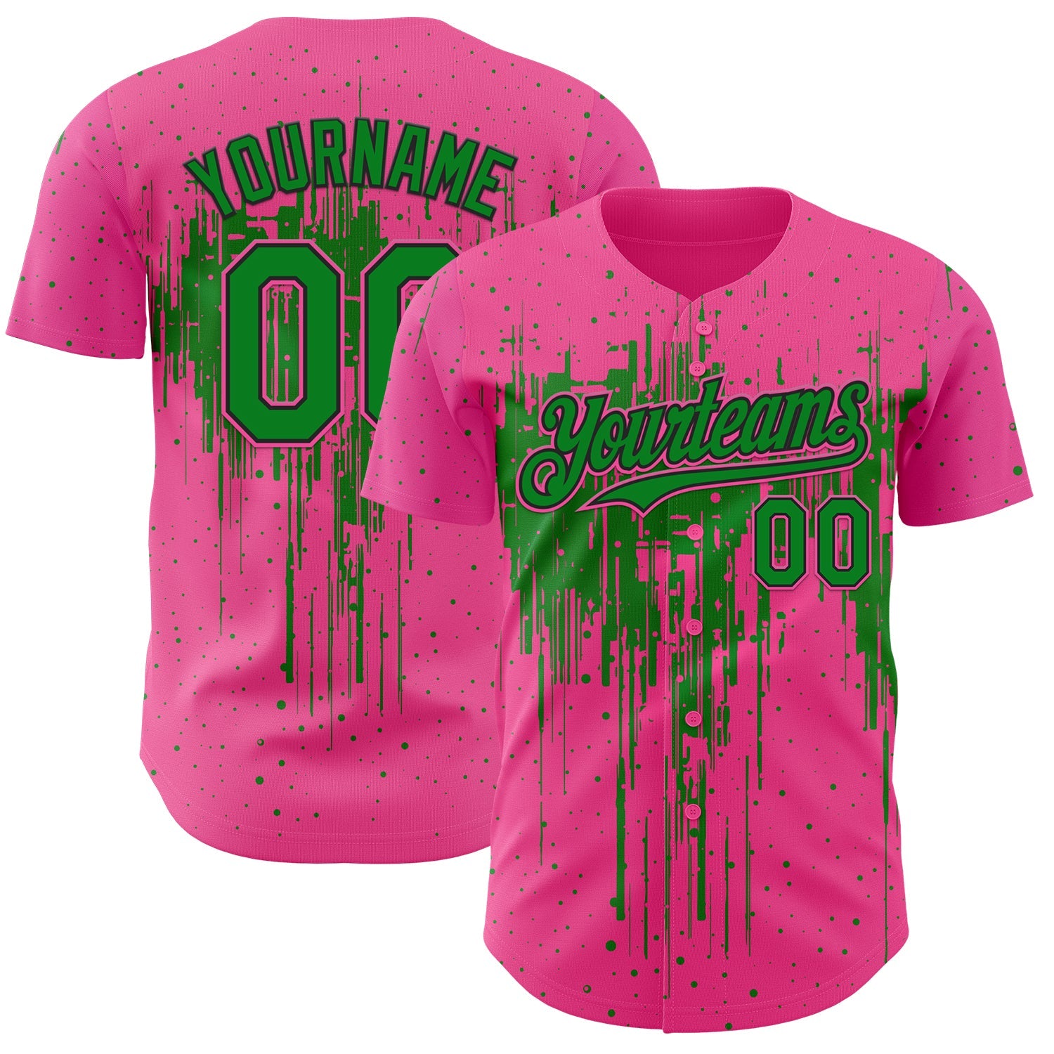 Custom Pink Grass Green-Black 3D Pattern Design Dripping Splatter Paint Authentic Baseball Jersey