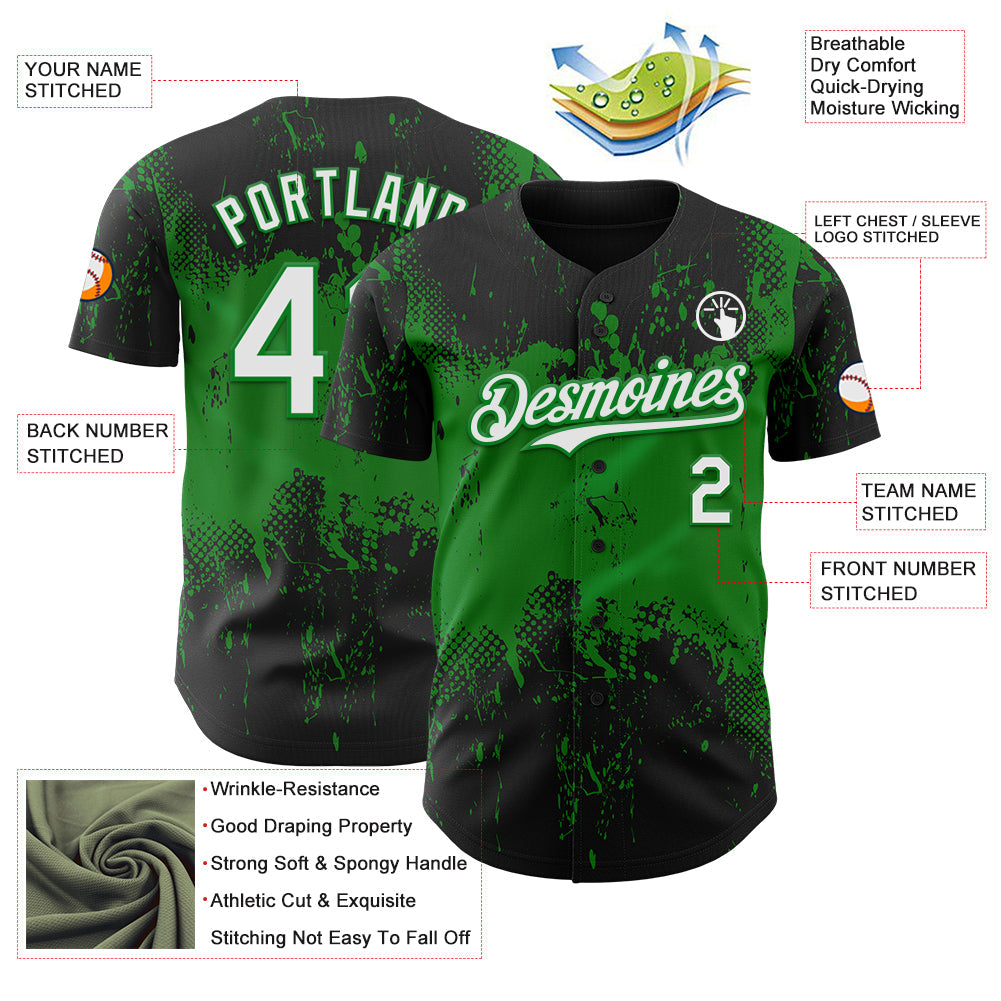 Custom Black White-Grass Green 3D Pattern Design Abstract Splatter Grunge Paint Authentic Baseball Jersey
