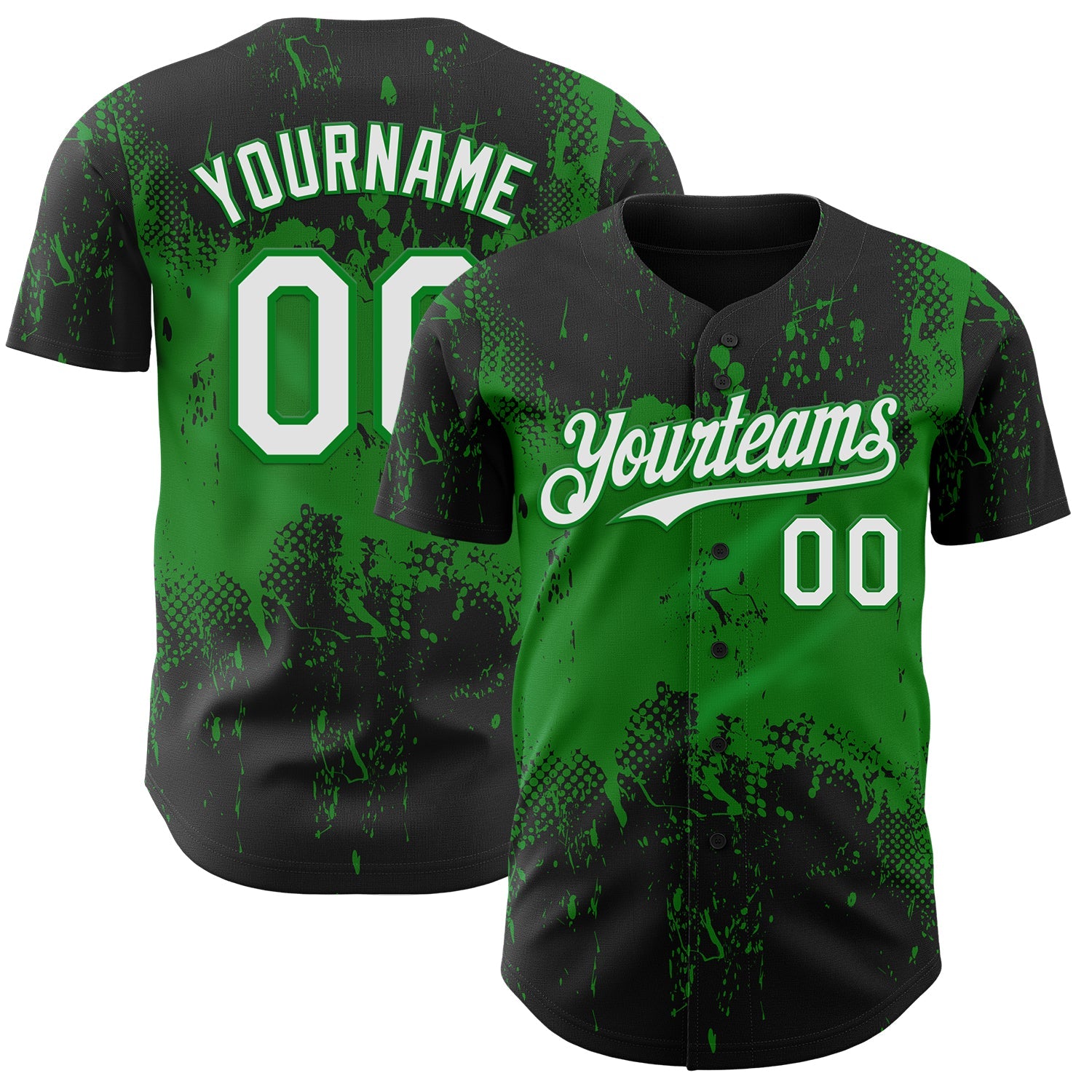 Custom Black White-Grass Green 3D Pattern Design Abstract Splatter Grunge Paint Authentic Baseball Jersey