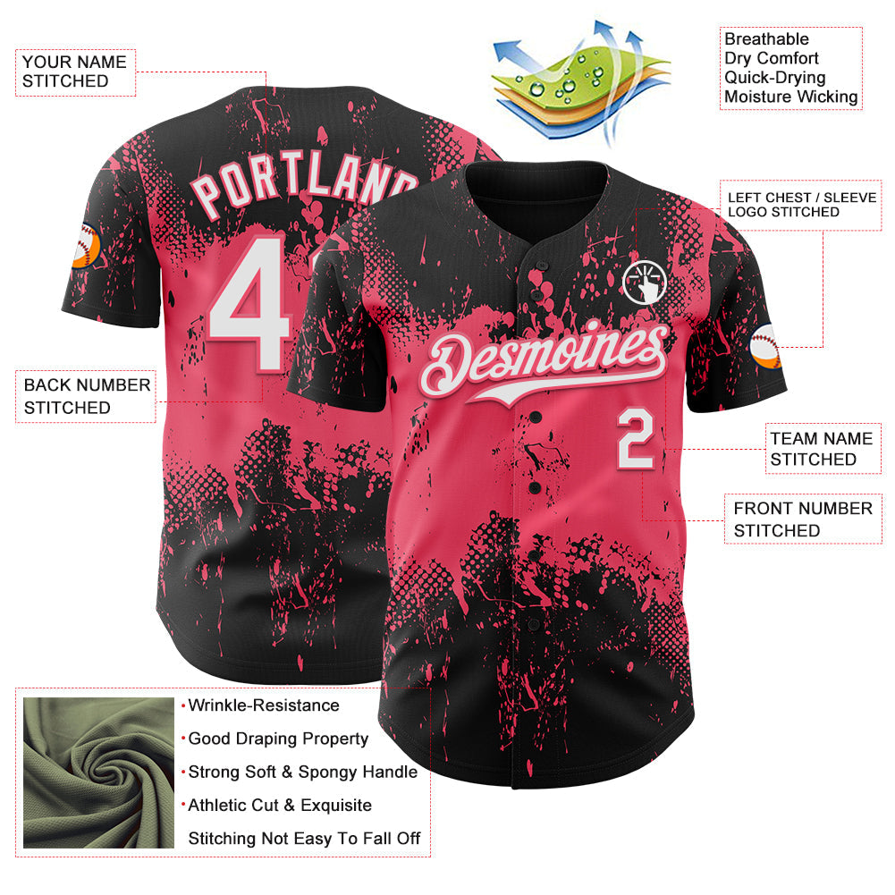 Custom Black White-Neon Pink 3D Pattern Design Abstract Splatter Grunge Paint Authentic Baseball Jersey